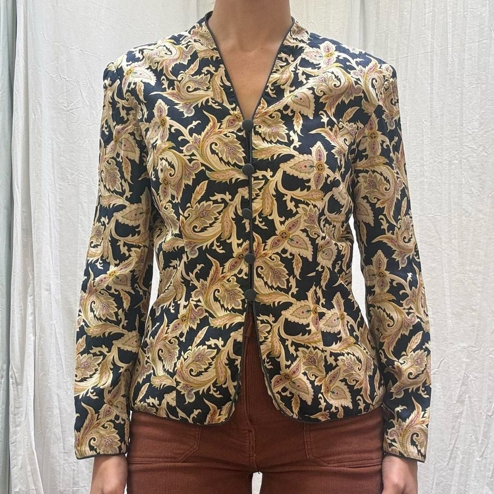 Silk Navy, Gold, Pink, and Blue Oriental Style Jacket by Adrianna Papell Size S